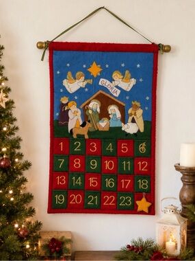 Vintage Nativity Advent Calendar Christmas Felt Wall Hanging Cottagecore Decor